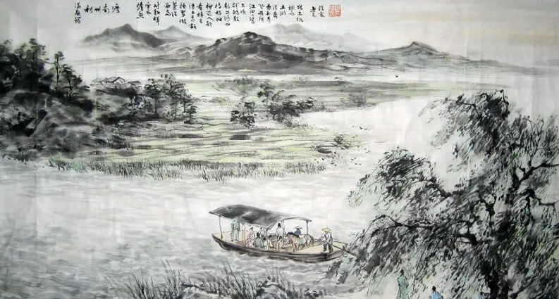 Near the Lizhou Ferry by Wen Tingyun -  Qilu   Ferry   Escape   Tranquility   History 