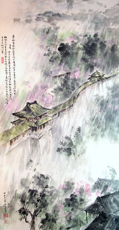 Looking Down in a Spring-rain on the Course From Fairy-mountain Palace to the Pavilion of Increase Harmonizing the Emperor's Poem by Wang Wei