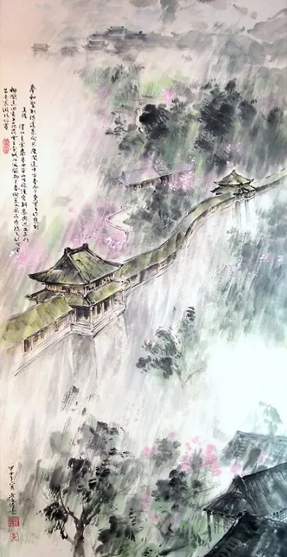 Looking Down in a Spring-rain on the Course From Fairy-mountain Palace to the Pavilion of Increase Harmonizing the Emperor's Poem by Wang Wei -  Wulu   Court   Spring   Empire   Rain 
